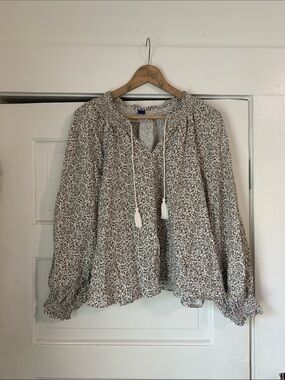 Old Navy Linen Blend Beige Floral Peasant Blouse with Tassel Tie